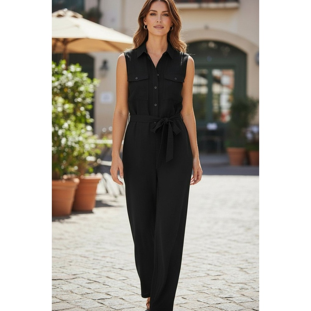 LOFT Black Linen Blend Sleeveless Jumpsuit Wide Leg Crop Utility Casual Size S